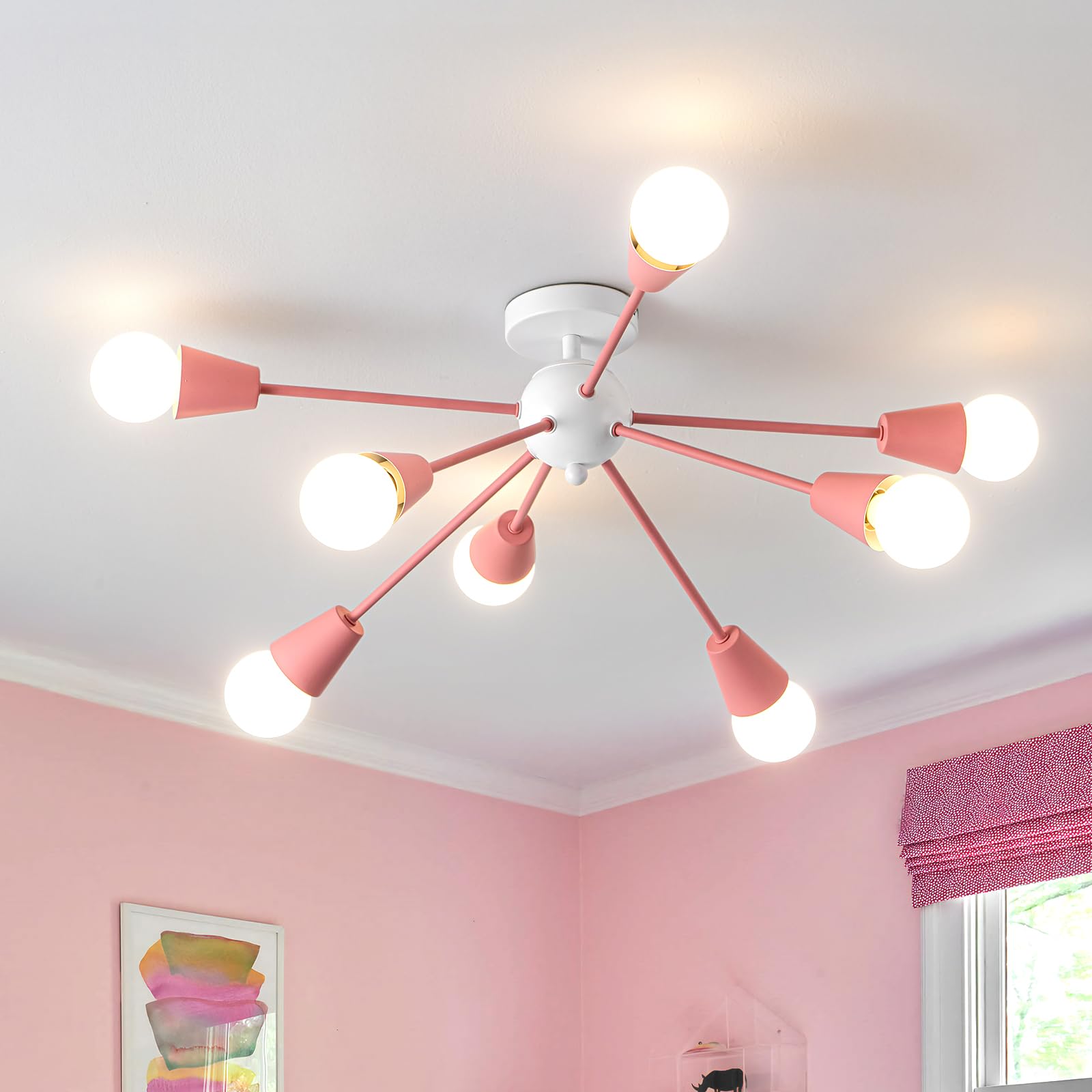 Ymlii Pink Sputnik Chandelier Ceiling Light Fixture, 8-Lights Modern Sputnik Lights Fixture With E26 Base, Semi Flush Mount Ceil