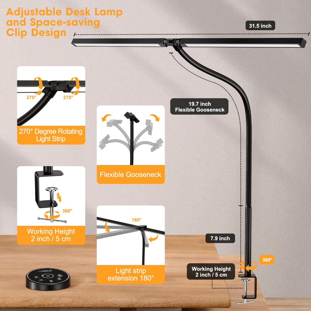 Pzloz LED Desk Lamp - Eye Caring Architect Lamp with Clamp, 24W, Adjustable, Black, Model CLED-5501C, Perfect for Home & Office