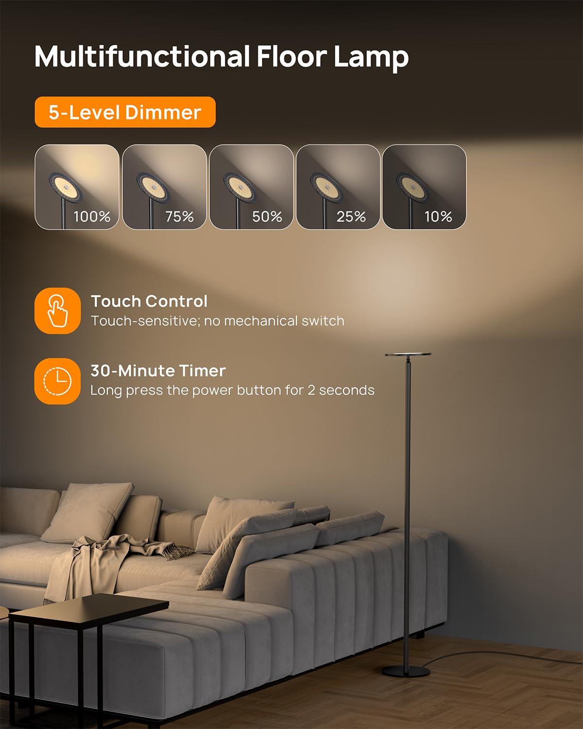 TROND Floor Lamp - 5000LM Modern Torchiere, 71" Tall, 3000K Warm White, Dimmable, Aluminum, Black