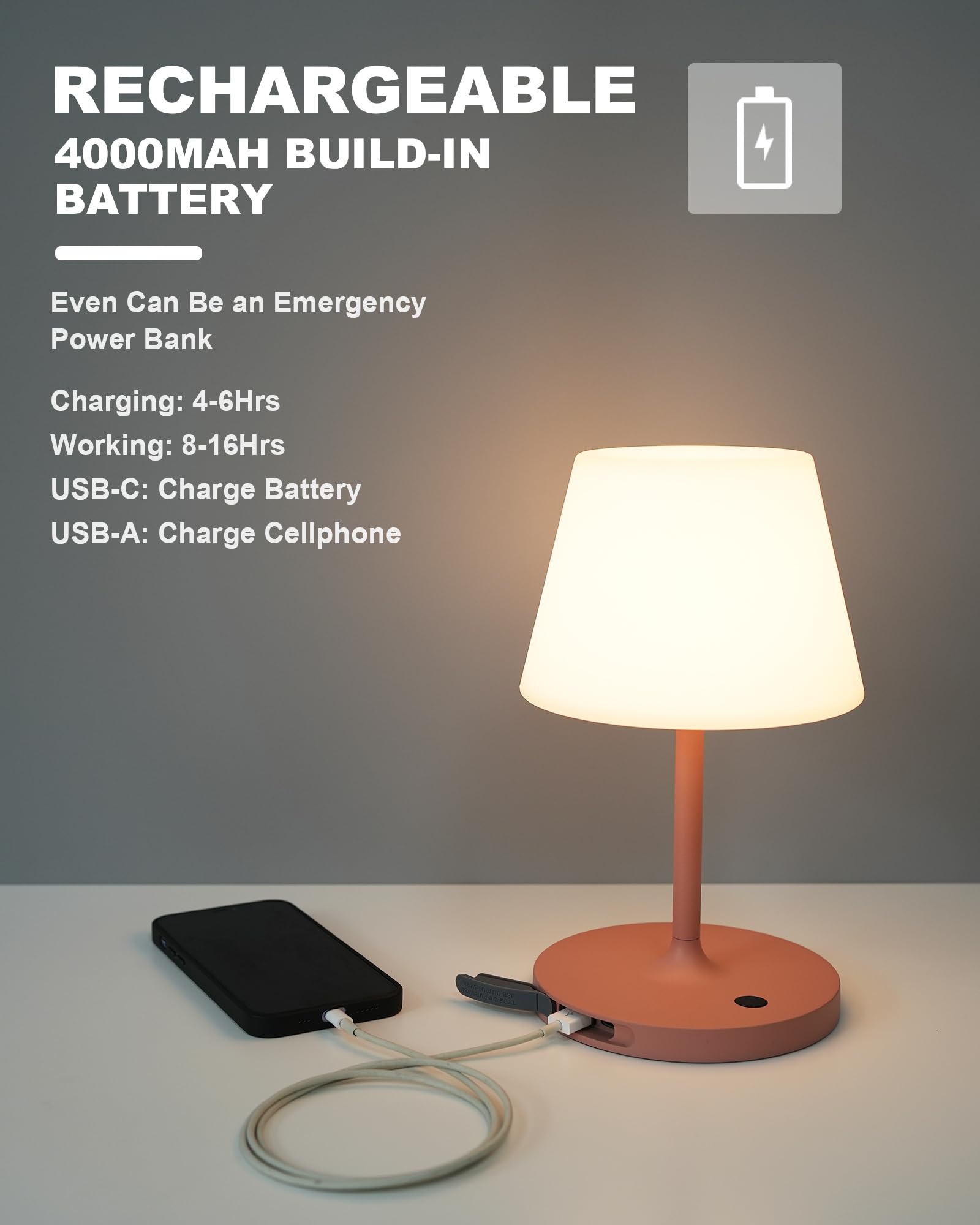 Weilailux Outdoor Battery Operated Table Lamp Waterproof, 4000Mah Cordless Table Lamp Rechargeable, Touch Dimmable Desk Lamp, Led Night Light For Patio Camping Restaurant Home, H9.6In, Pink