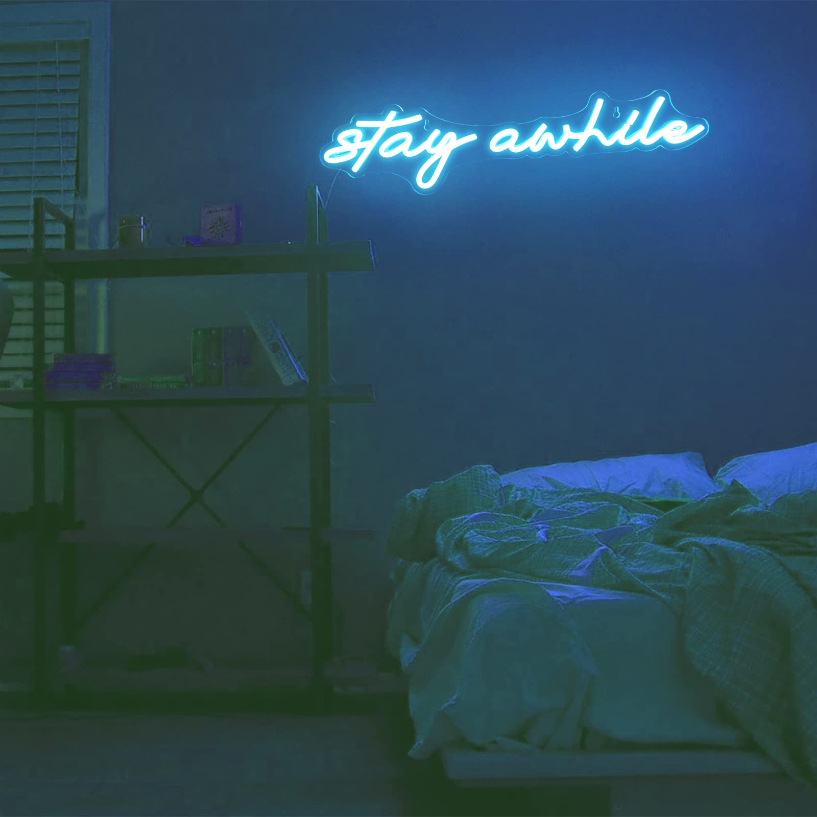 Imegina Dimmable Led Neon Sign - Stay Awhile Ice Blue Wall Decor For Bedroom, Pub, Party