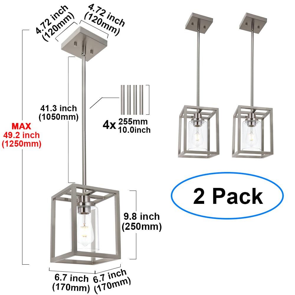 MELUCEE 2 Pack Modern Pendant Light Fixtures, Brushed Nickel, 6.7", Metal, 1-Light Small Chandeliers with Clear Glass Shade