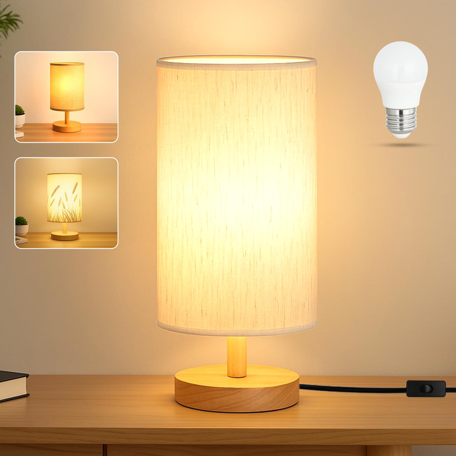 EZIYIN Desk Lamp LED Bulb Included, Small Bedside Table Lamp Plug-in - Classic Wood Base with Flaxen Fabric Shade, Lamps for Nig