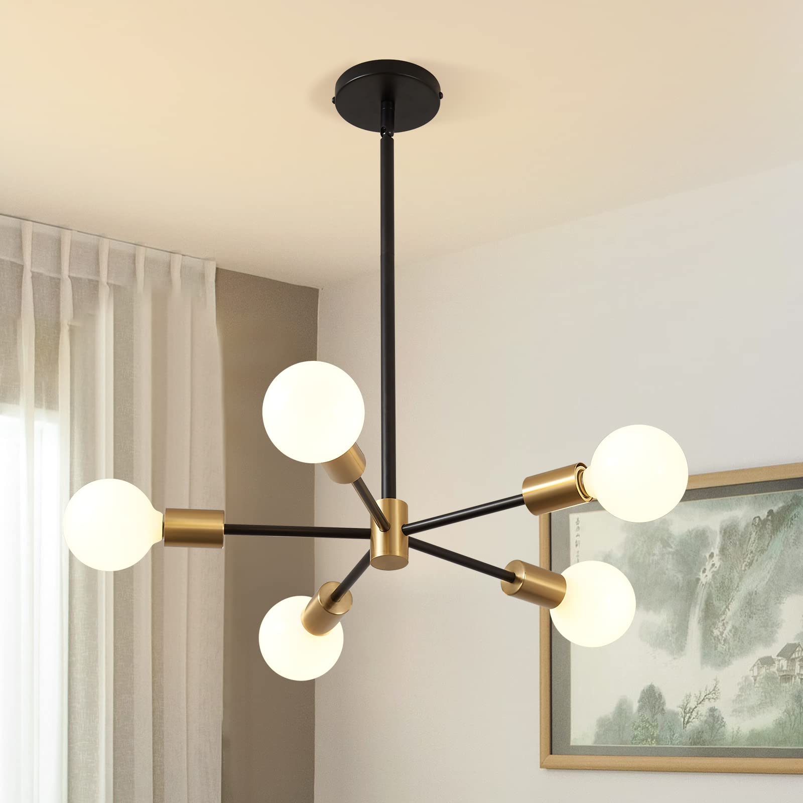 Kaisite Sputnik Chandelier Light Fixture - Modern 5-Light Sputnik Ceiling Light Height Adjustable Gold And Black Hanging Pendant