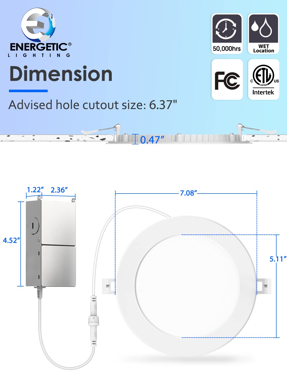 Energetic Lighting 12 Pack 6 Inch Slim LED Recessed Lights, 900LM, Dimmable, 5000K Daylight, ETL & FCC Certified, Model JY