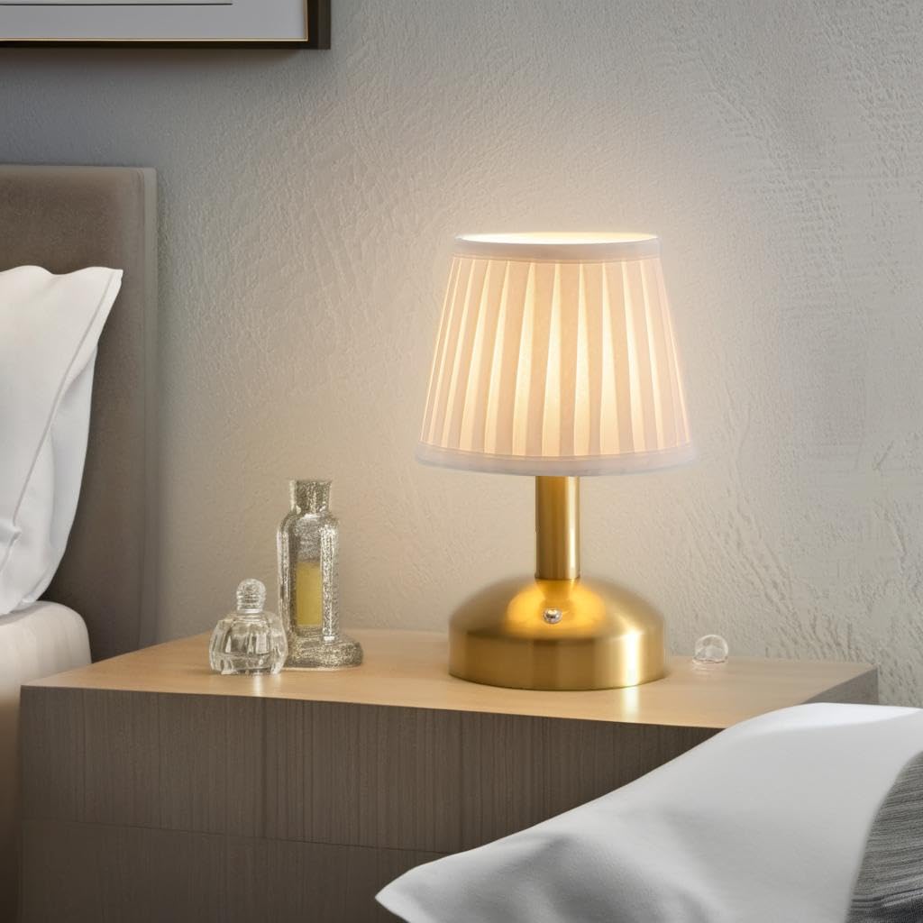 Kdg Modern Cordless Small Table Lamp, Led Fabric Shade, 5000Mah Battery, Gold & White, Model Amz-Tbl-012-Dg