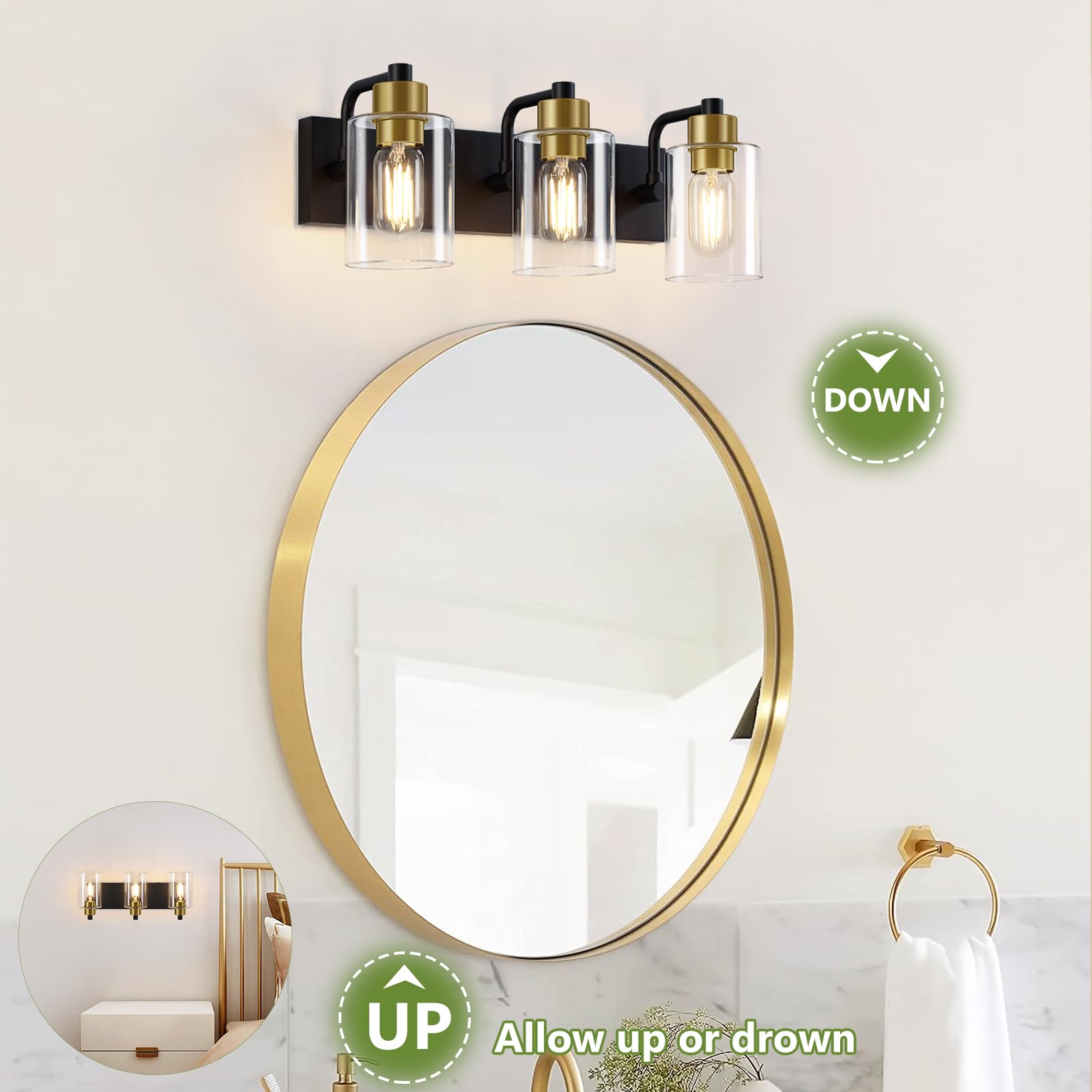 Dpyrrhic 3-Light Bathroom Light Fixtures, Matte Black and Gold, Metal, JD-188, Modern Wall Sconces with Clear Glass Shade