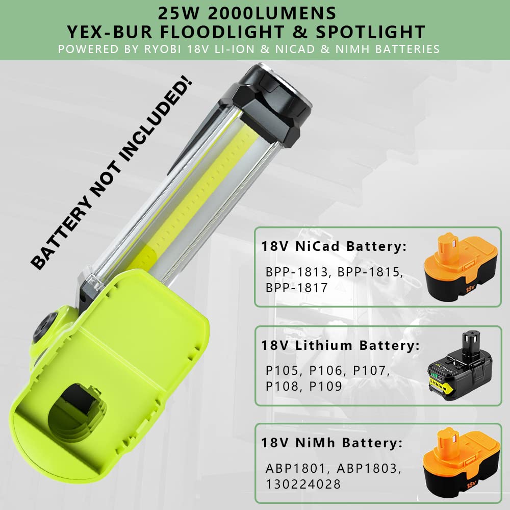 YEX-BUR Flashlight for Ryobi 18V Battery, 25W 2000LM LED Work Light, Portable Floodlights, Camping Light with Hook for Workshop,