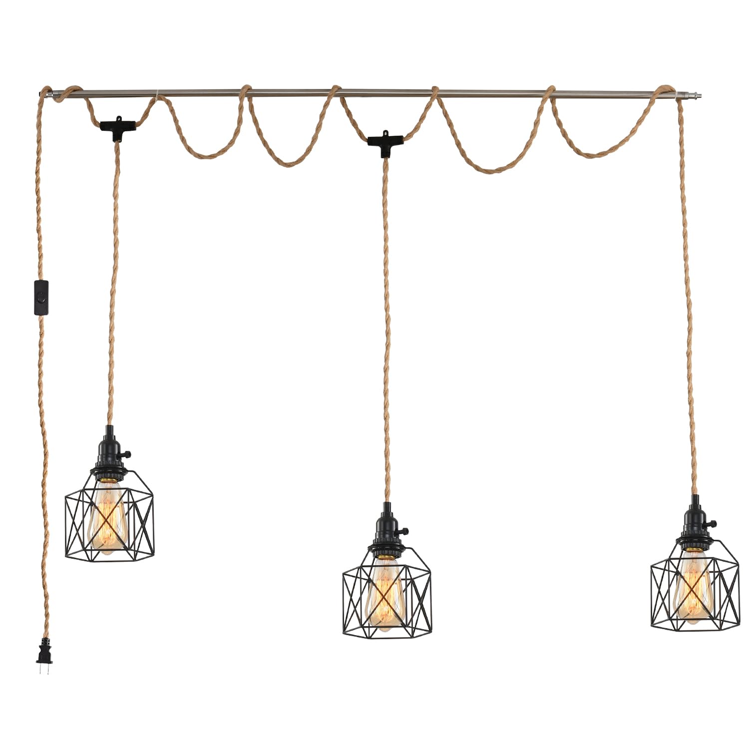 3-Light Hanging Light With Plug In Cord Plug In Pendant Light 22Ft Hemp Rope Pendant Lighting Vintage 3-Light Hanging Lamp Fixtures For Kitchen Island Living Room Bedroom