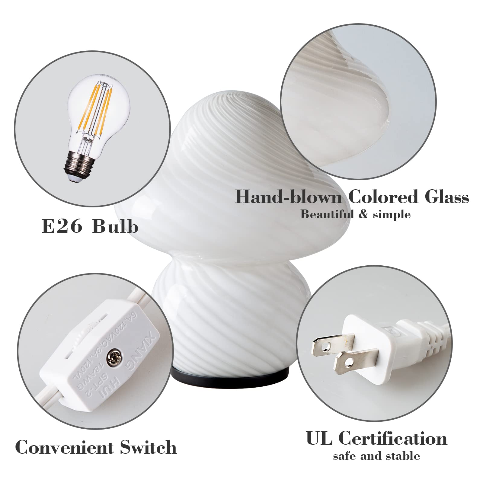 Coosa Mushroom Lamp - Glass Bedside Table Lamp, Ceramic, White Stripe, Cute Nightstand Desk Lamp for Home Decor and Study