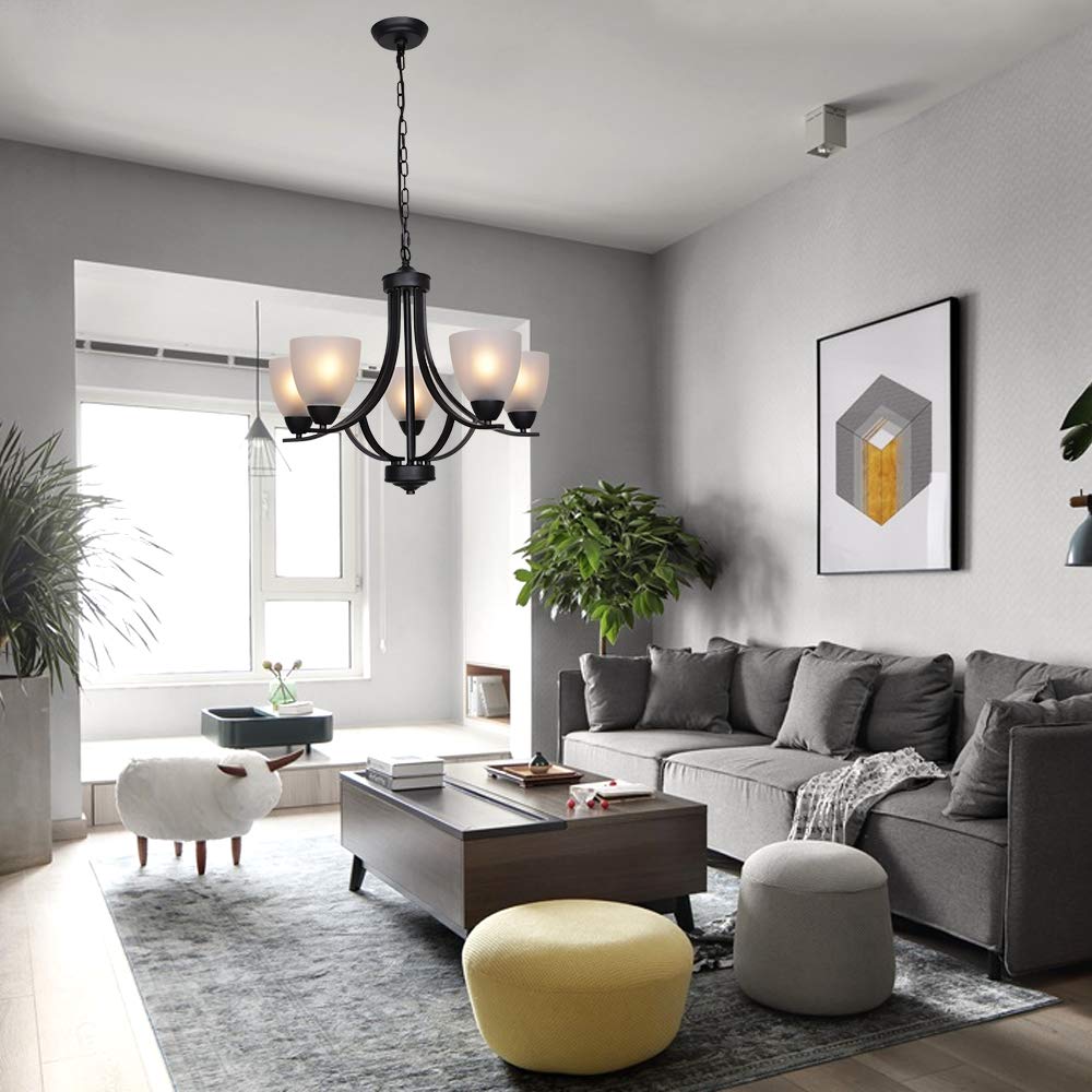 VINLUZ 5 Light Contemporary Chandelier, Black Metal, Alabaster Glass, Model 355-5-11, Ideal for Dining Room and Living Spaces