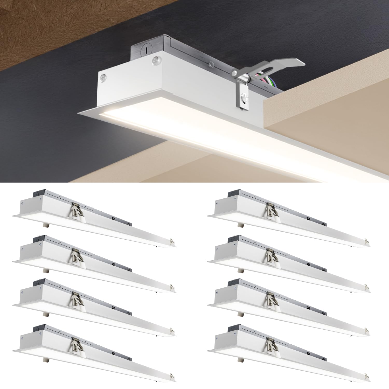 Sunco 8 Pack 4FT Linear Recessed Light Fixture, 4800 LM, Dual Selectable Features, 20W/25W/30W/35W/40W, 2700K/3000K/4000K/5000K/