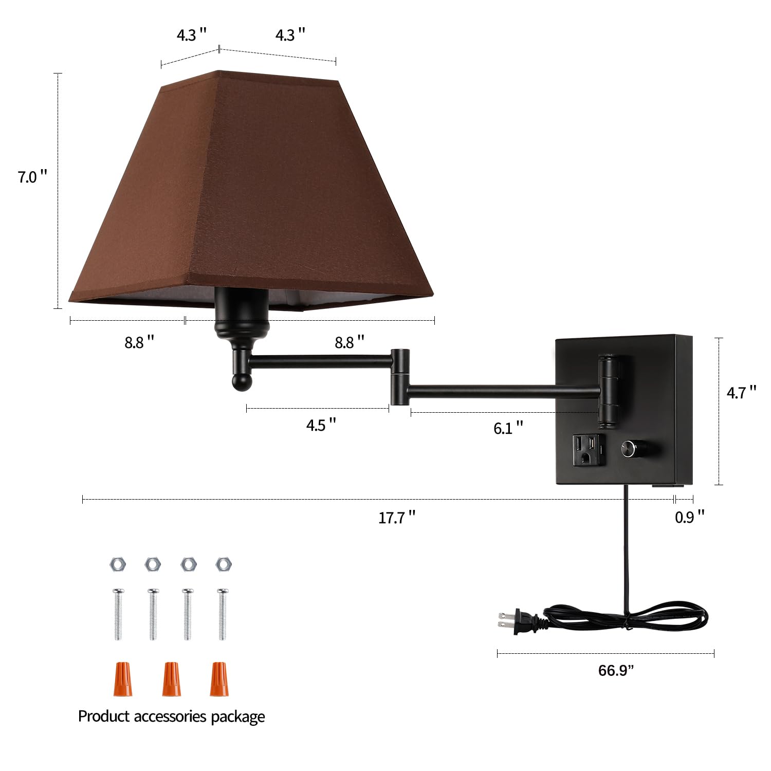 PULLCU Swing Arm Wall Lamp.Plug in Wall Sconces with USB Port and AC Outlet.Sconces Wall Lighting Coffee Fabric Shade with Dimma