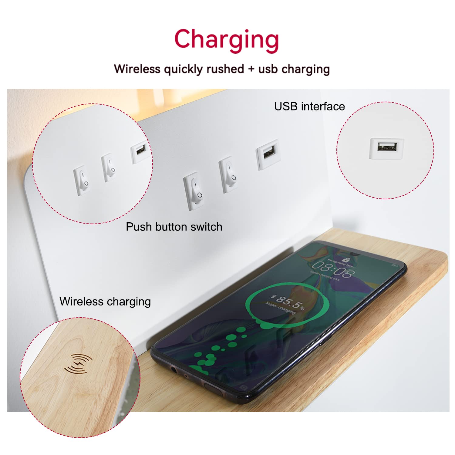 White Led Reading Wall Lights With Wireless Charging, Usb Charging Port, 3-Way Dimmable Wall Sconce Bedroom, Hardwire Or Plug-In