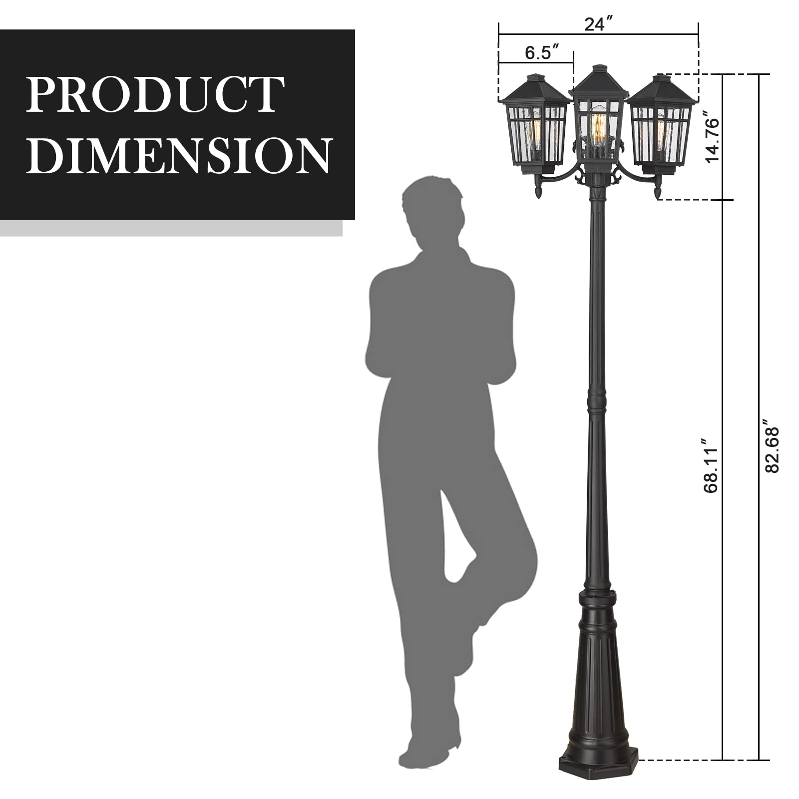 Darkaway Outdoor Post Light 3-Head Outdoor Street Light Pole Lamp Posts Road Lighting Waterproof Aluminum With Glass Outside Lighting Fixture For Backyard Garden Patio Pathway