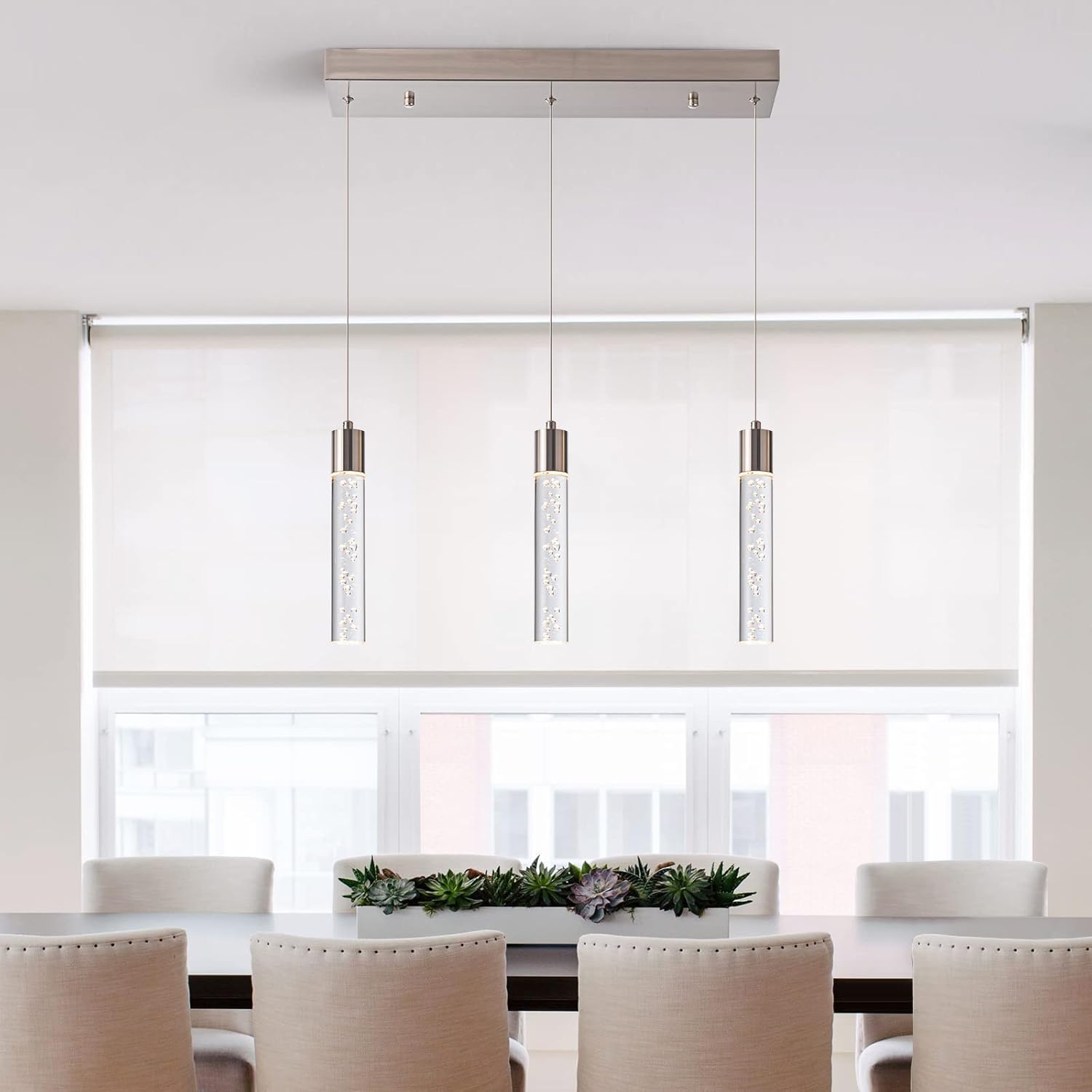 BESTWEST Modern Pendant Light - 3-Lights, Brushed Nickel, Dimmable, Adjustable Height, Model BW-02-3Z-BN24W