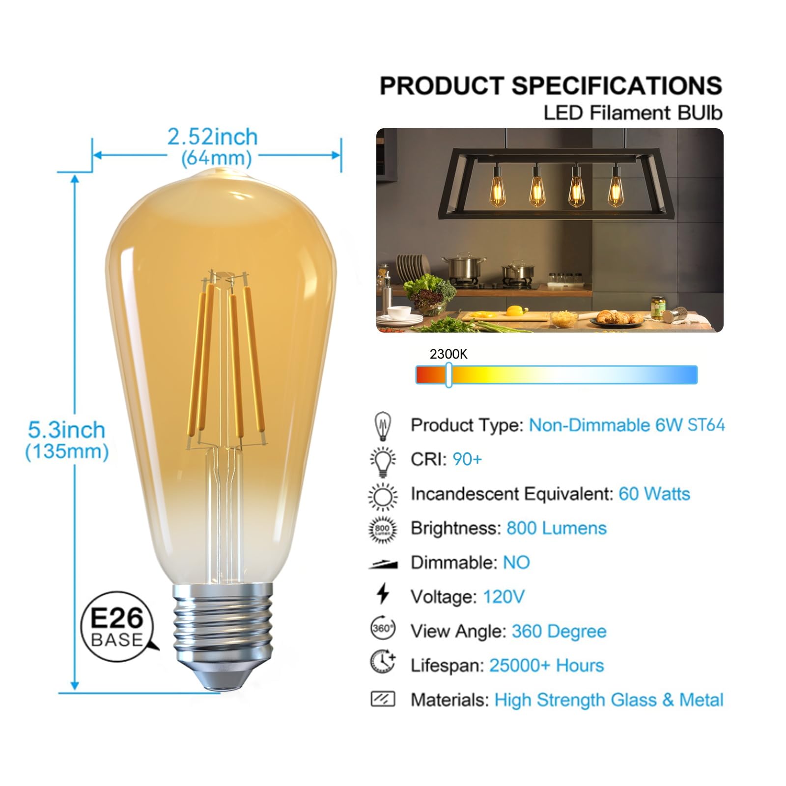 Jensense Edison Led Light Bulbs E26 Led Bulb 60 Watt Equivalent Dimmable Light Bulbs 2300K Warm White (Amber Glass) Vintage 7W L