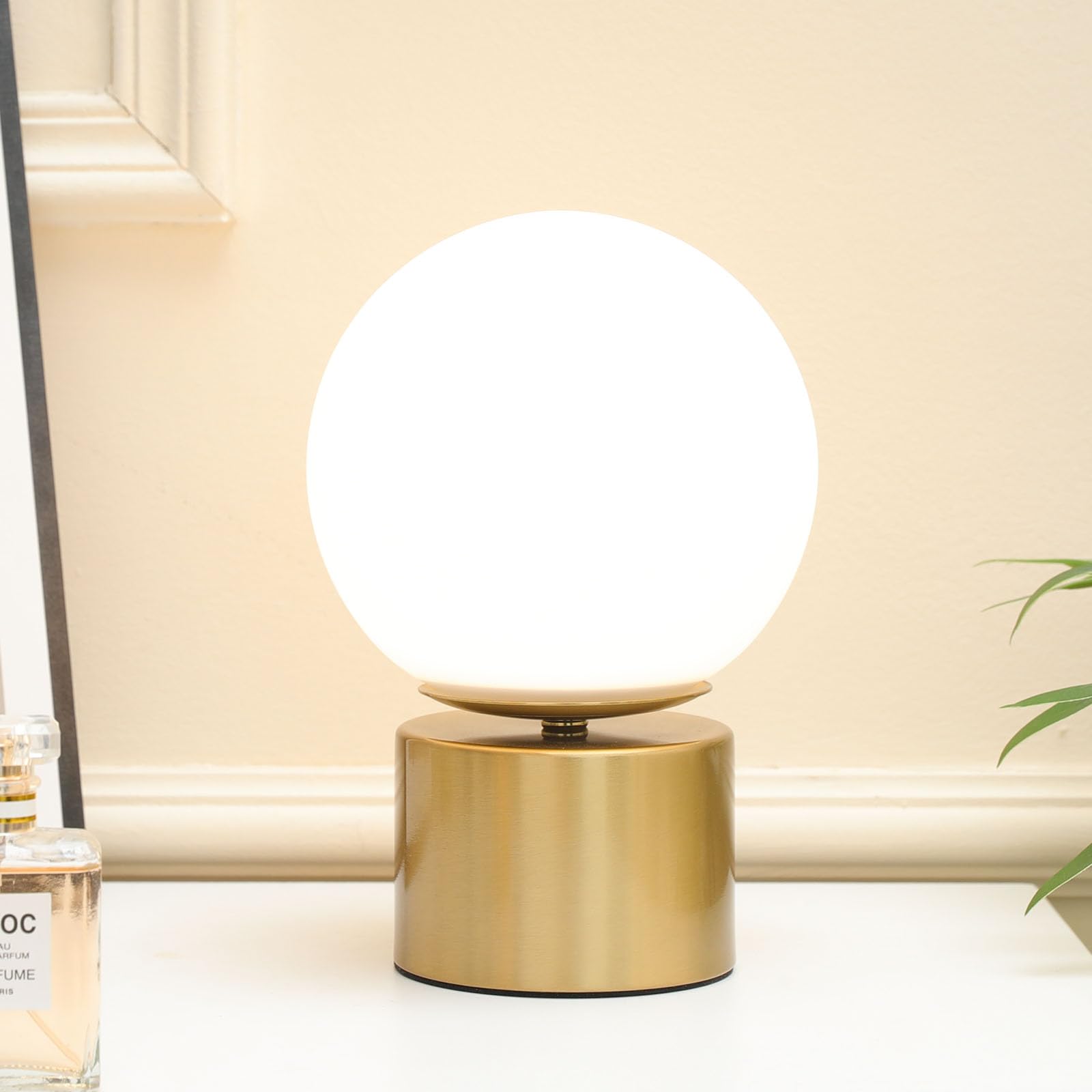 SOTTAE 9 Inch Modern Gold Globe Table Lamp  Vintage Mid Century Round Table Lamp with White Glass Shade Metal Base for Bedroom Bedside Lamp Living Room End Table