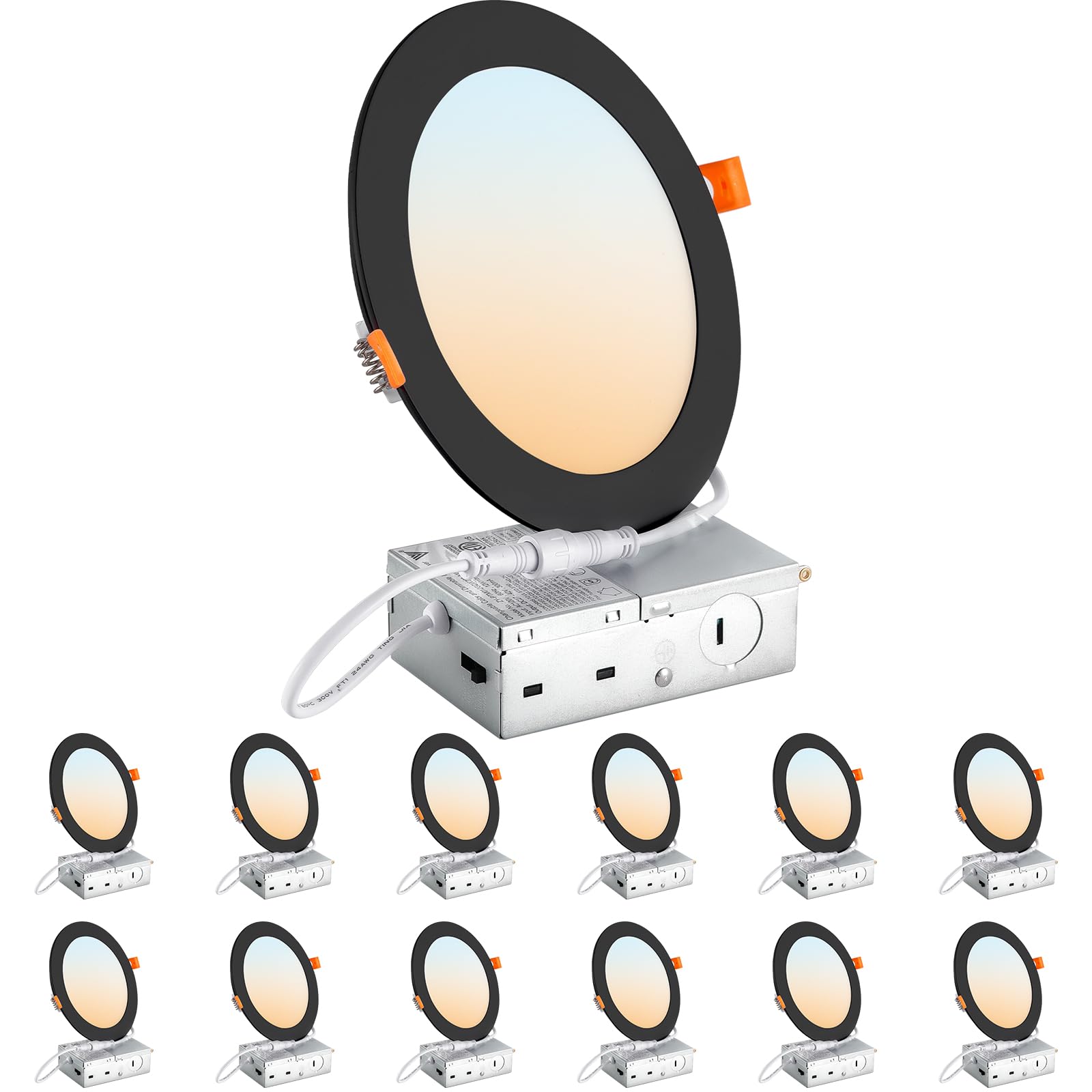 Dllt Led Recessed Ceiling Lights: Black 12 Pack 6 Inch 5Cct Ultra-Thin Lighting With Junction Box For Bedroom - 1200Lm Brightness 12W Eqv 110W Dimmable Canless Wafer Downlight With Etl&Fcc