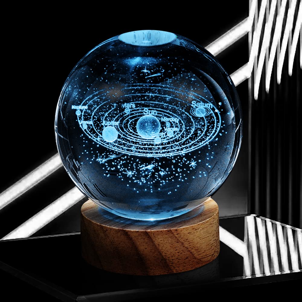 3D Solar System Crystal Ball Night Light With 16 Color Led Wooden Base, Upgraded 3.15 In Galaxy Planets Glass Ball Lamp With Rem