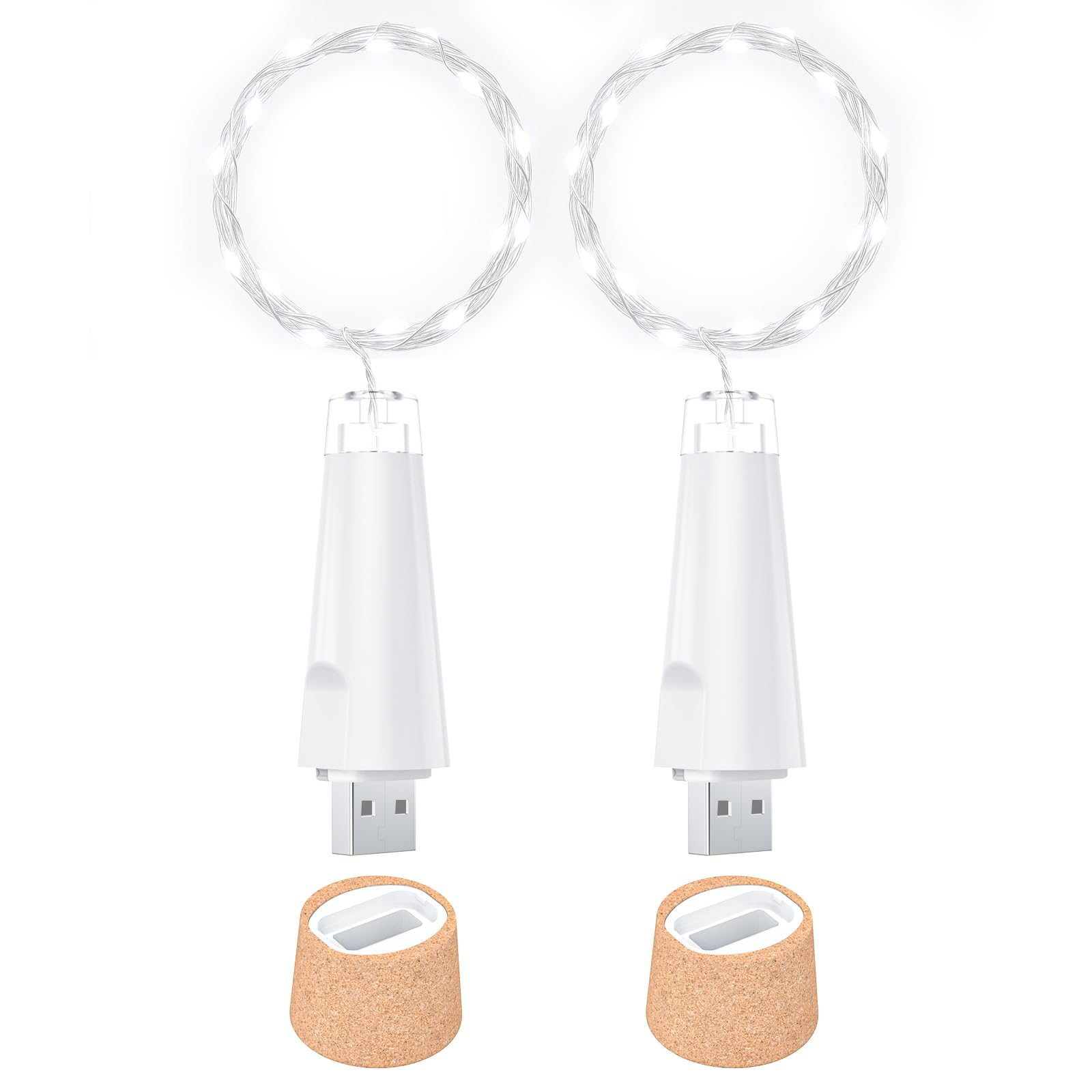 Ceepko USB Bottle Lights, Rechargeable Cork LED String Lights, 20 LEDs, 2 Pack, Cool White, Model: BOTTLE_LIGHT001