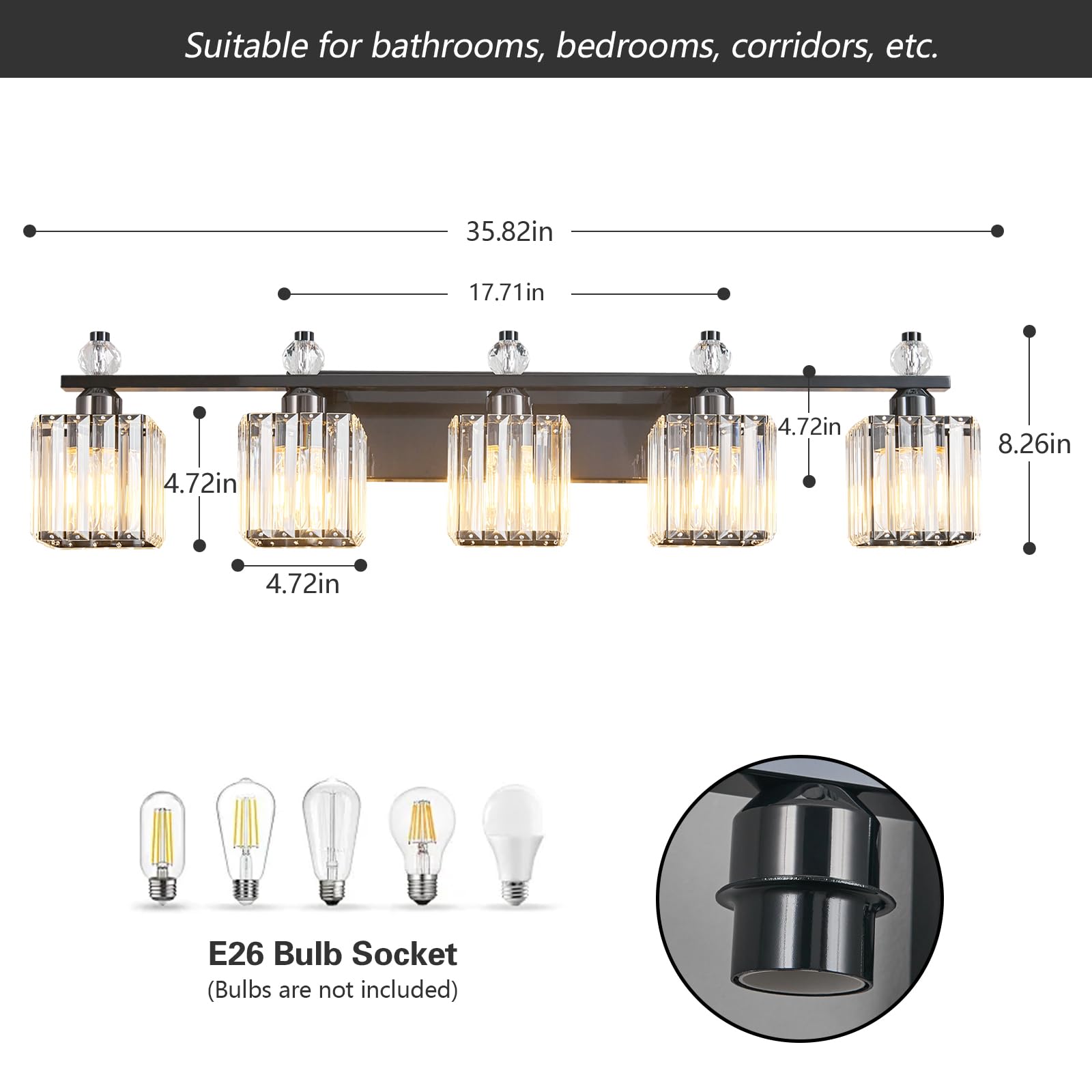 FDPBY 5-Light Crystal Vanity Light Fixtures, Plating Black, Metal, Model 290, Modern Bathroom Lighting Over Mirror
