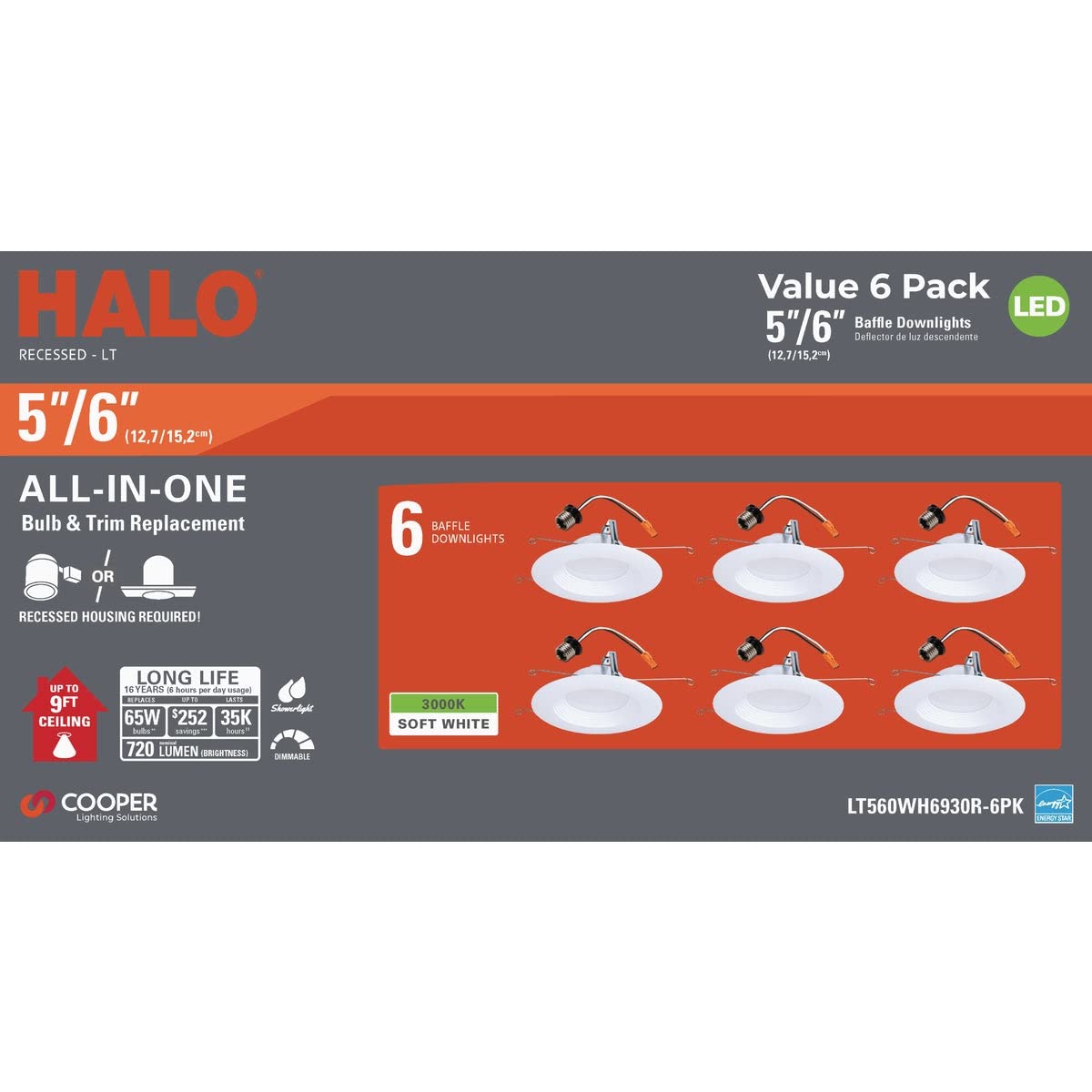Halo 6 Inch Recessed Led Can Light - Retrofit Ceiling & Shower Downlight - 3000K - Baffle White Trim (6 Pack)