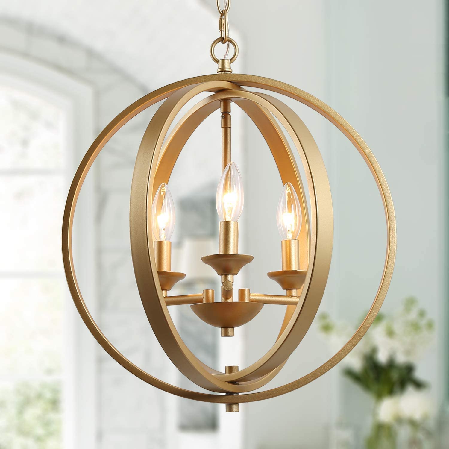 KSANA Gold Orb Chandelier 3 Light Modern Fixture for Dining, Living Room, Bedroom, Foyer, Kitchen