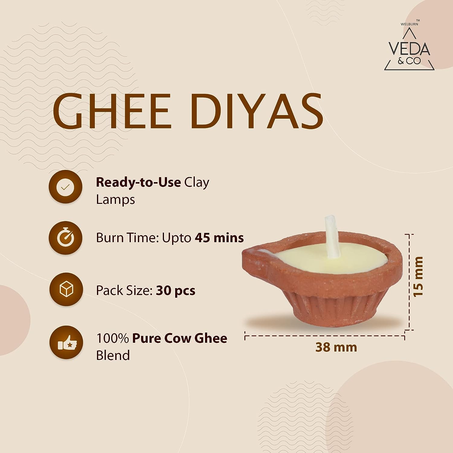 Welburn Veda&Co Pure Unscented Cow Ghee Diya For Puja-30 Pieces, Upto 45 Minutes Burn Time, Ghee Blended Filled Clay Diya Batti,