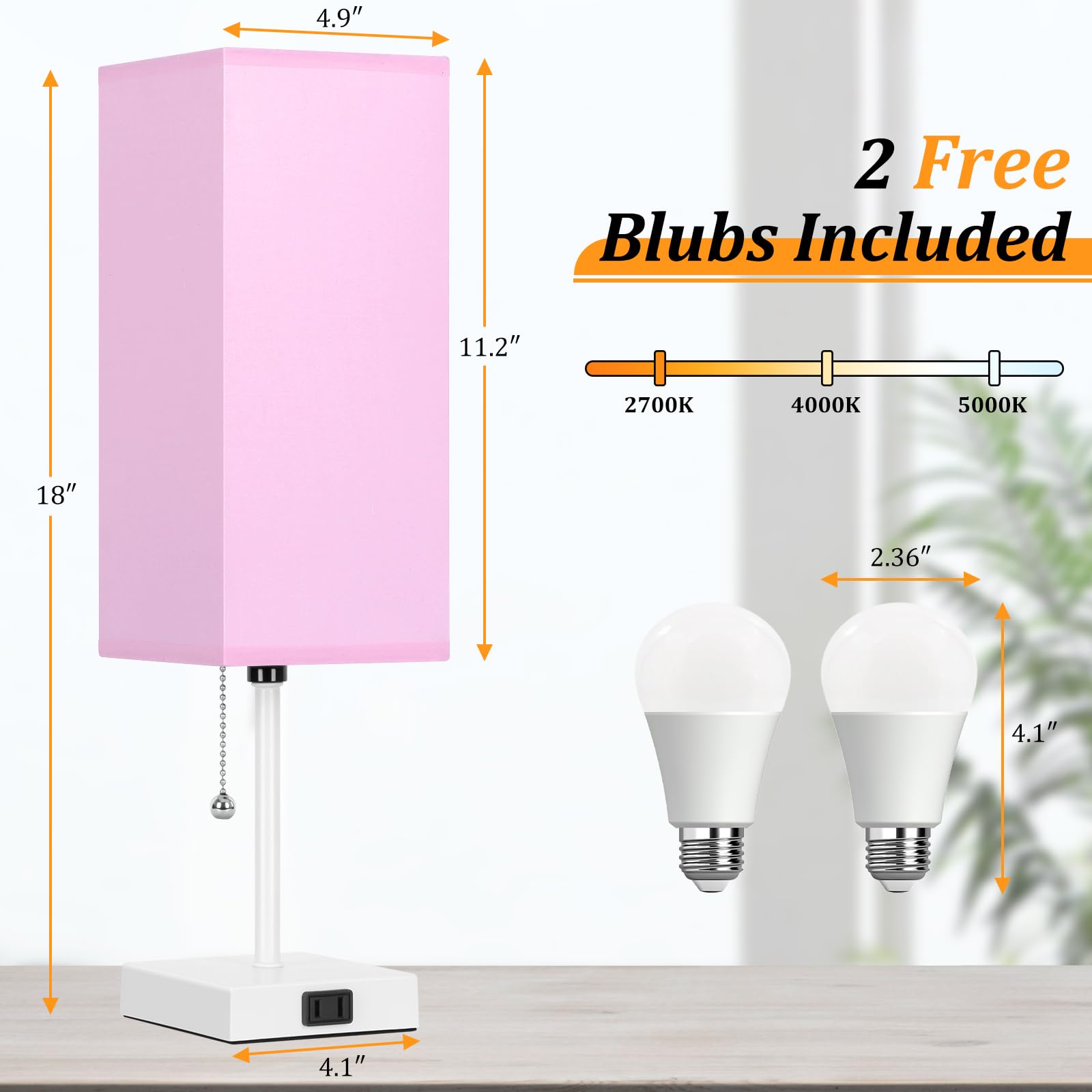 Dott Arts Table Lamp Set of 2, 18in Plastic Nightstand Lamps with Pull Chain, 3 Colors, White-Pink, Model PTL6W-025