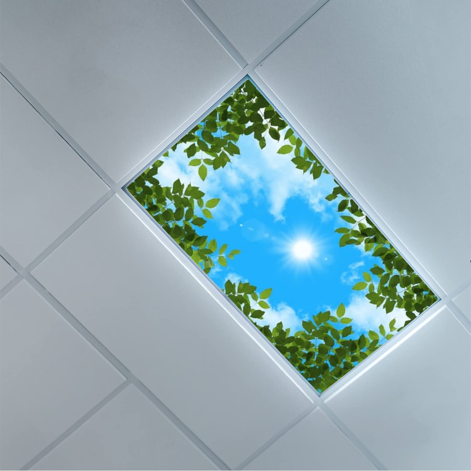 Lorougei Fluorescent Light Cover Decorative Ceiling Light Filters,Tree Leaves Sky Clouds Pattern,for Classroom Office Hospitals 