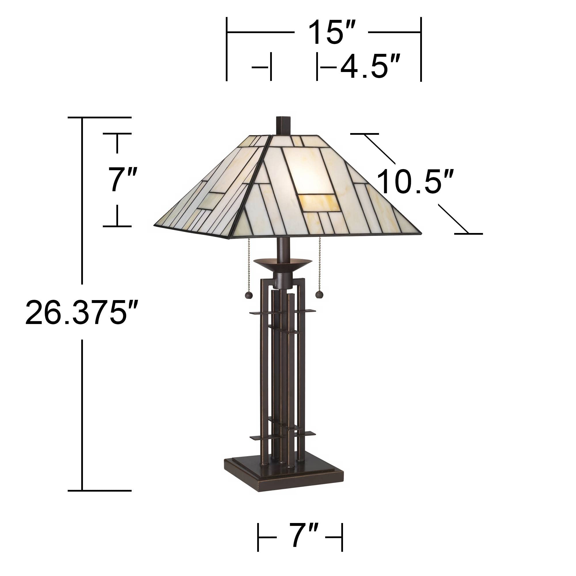 Franklin Iron Works Mission Tiffany Style Table Lamp Art Deco 26.25'' High Wrought Iron Dark Bronze Brown Gold White Stained Gla