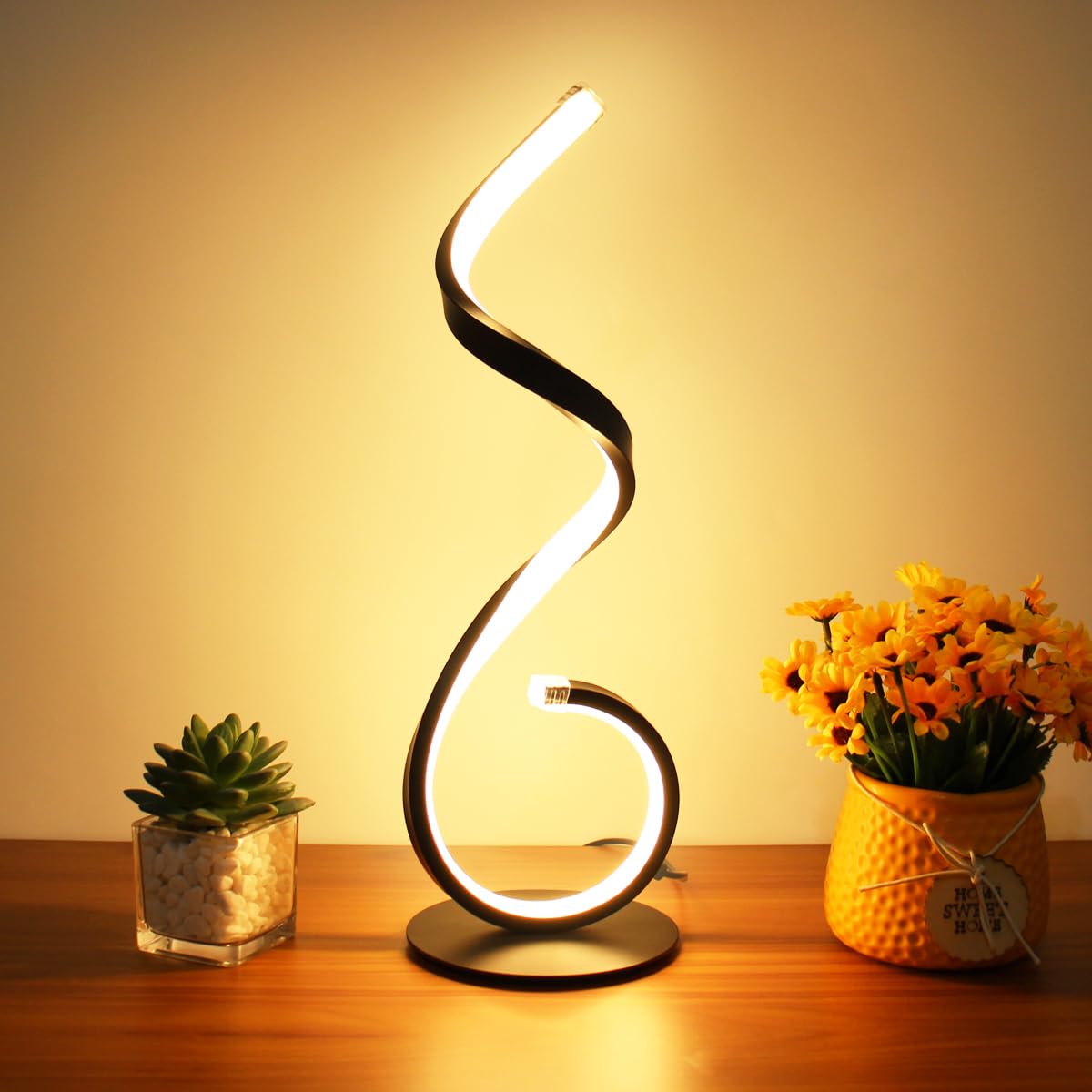 Besketie Modern Spiral Led Table Lamp - Dimmable 3 Color Modes, Black Aluminum Nightstand Light