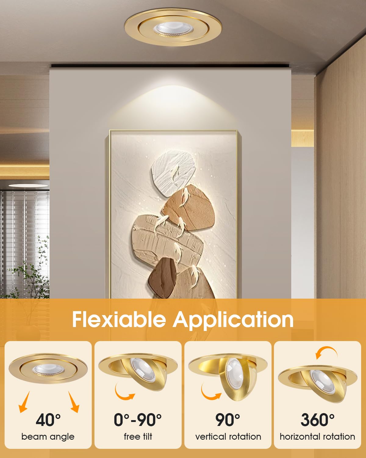 POPANU 4 Inch LED Recessed Light, 9W Gold Gimbal, Dimmable Spotlight, 90° Tilt, 6 Pack, Aluminum