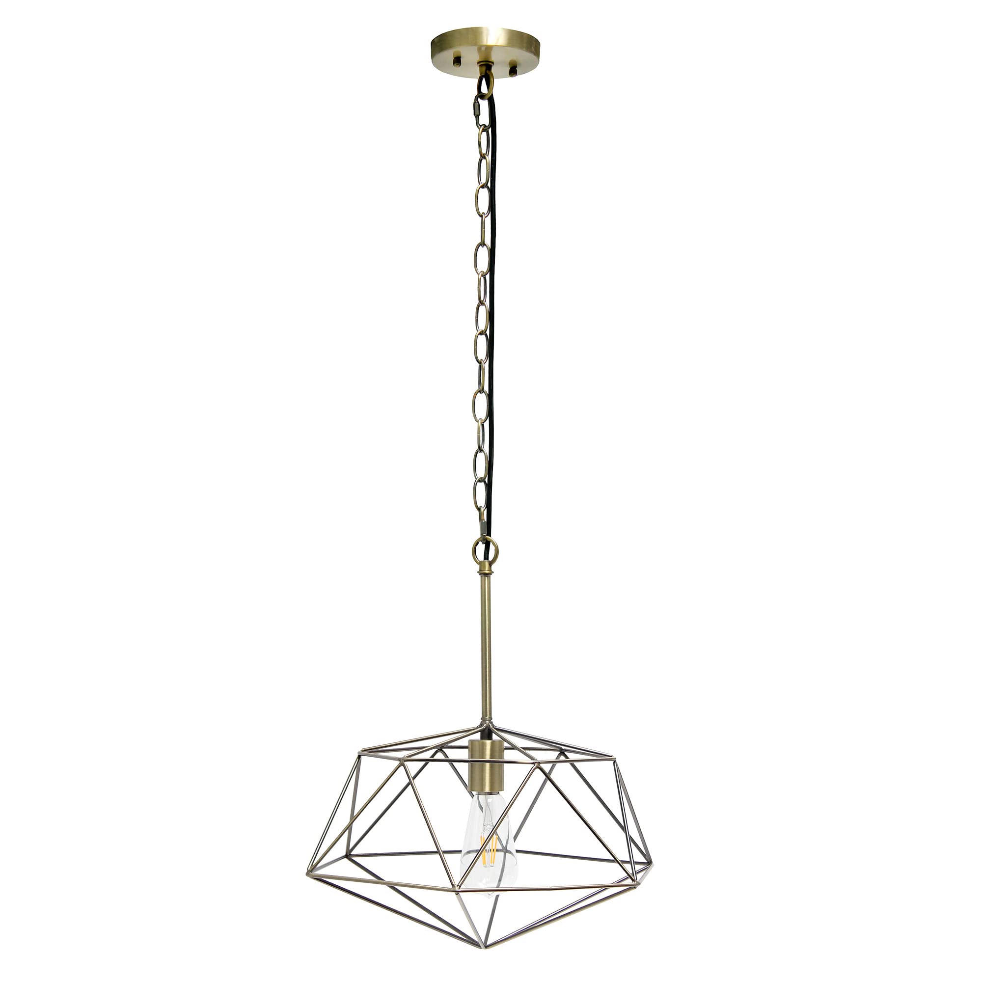 Elegant Designs PT1011-ABS 16in Geometric Diamond Pendant Light Fixture, Antique Brass, Metal Wire Cage, Industrial Style