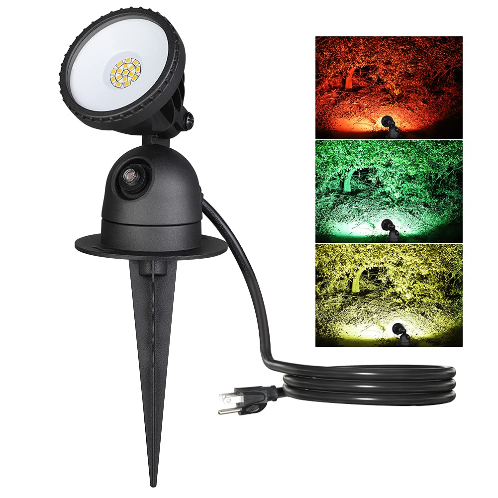 EDISHINE Spotlight Outdoor LED with 3 Lenses (Red Yellow Green), Dusk to Dawn Light Sensor Plug in Landscape Light, 120V 12W LED