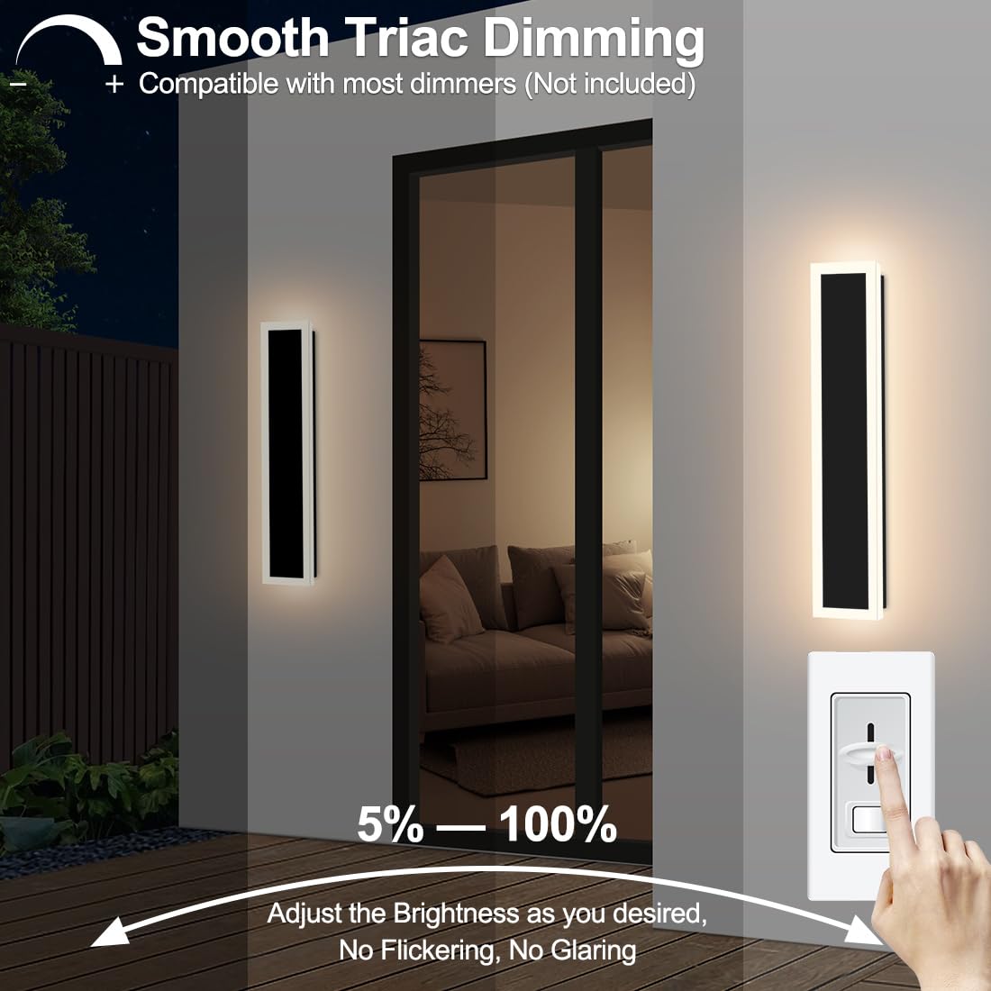 Xbuyee 2-Pack 24" Modern Outdoor Wall Light LED Black Sconce, Dimmable 24W, IP65 Waterproof, 3000K/4000K/5000K