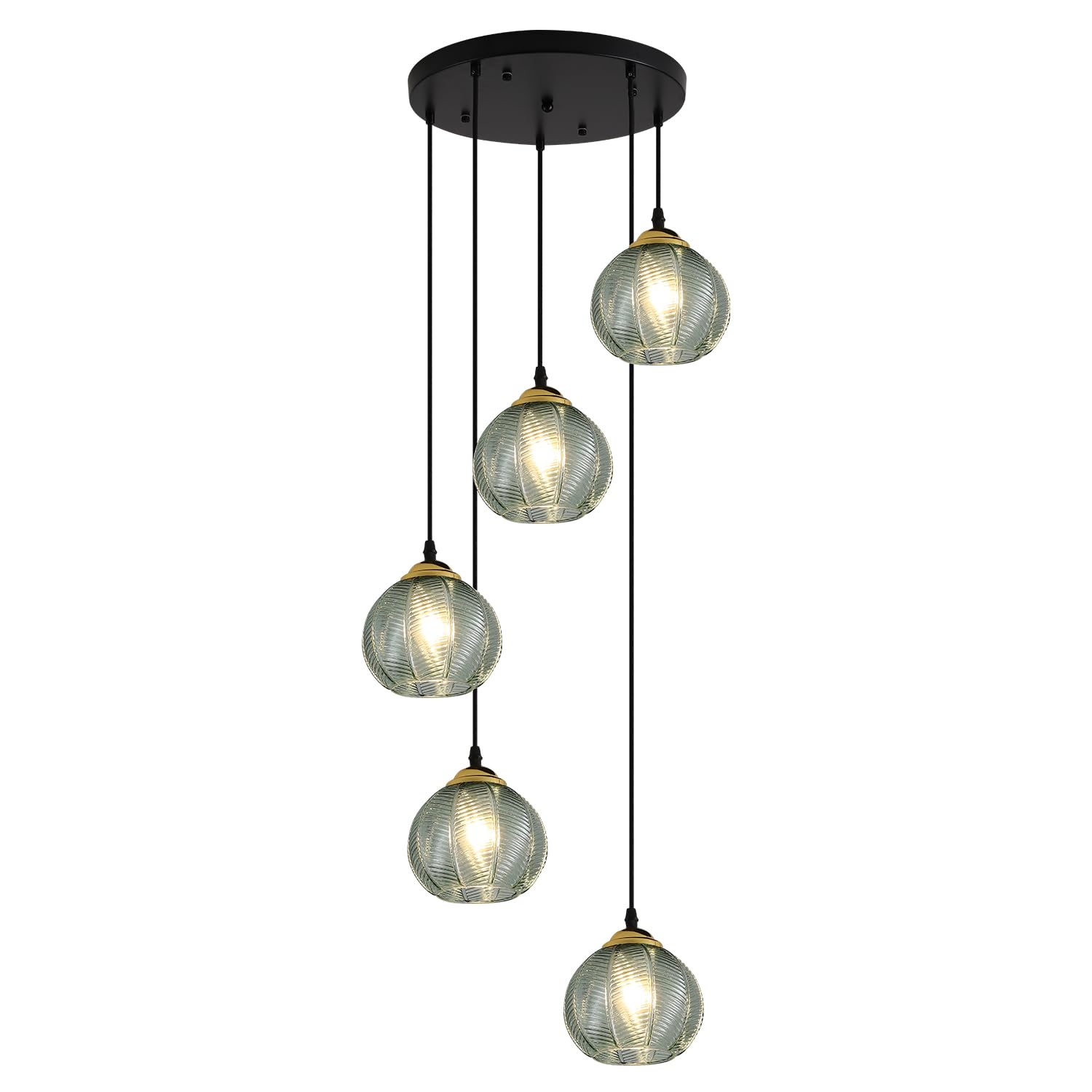 KCO Lighting 5-Light Cluster Pendant Light, Black Globe, Vintage Green Glass, Model L1170-G