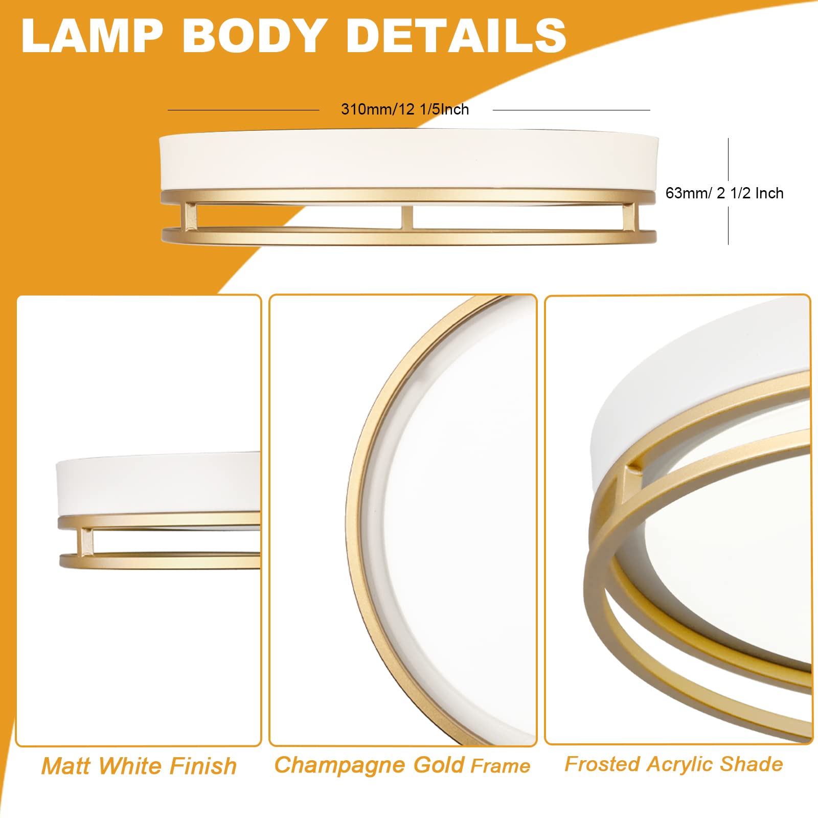 Flynix 12.5" LED Flush Mount Ceiling Light, 26W, 1700 Lumens, Dimmable, 3 Color Options, White Gold - Model PL-LF132