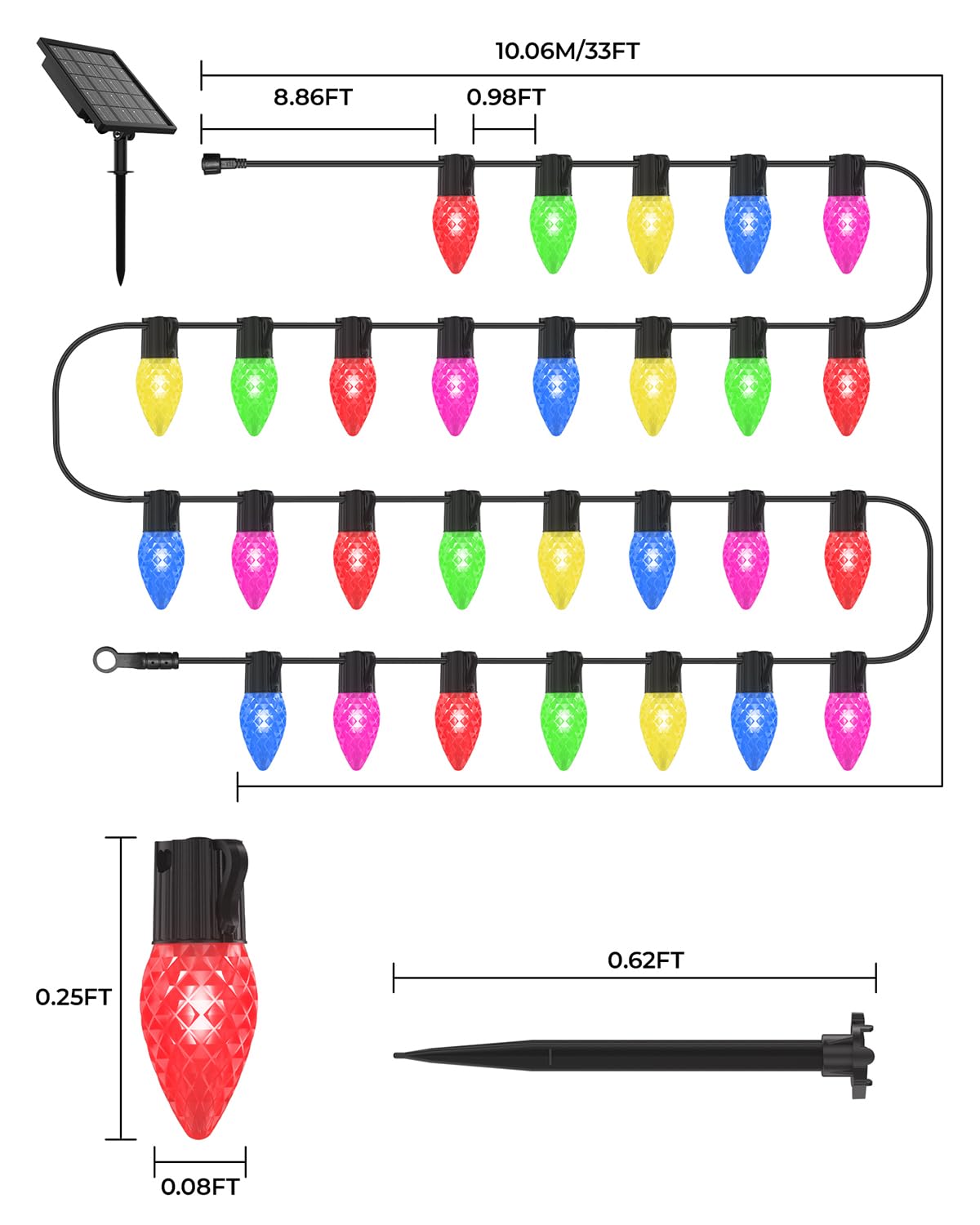 Freecube 50Ft C9 Led Solar Christmas Pathway Lights Outdoor  25 Multicolor Bulbs With 8 Modes & Timer  Waterproof Solar Christmas Stake Lights For Yard Lawn Sidewalk Driveway Outdoor Decorations