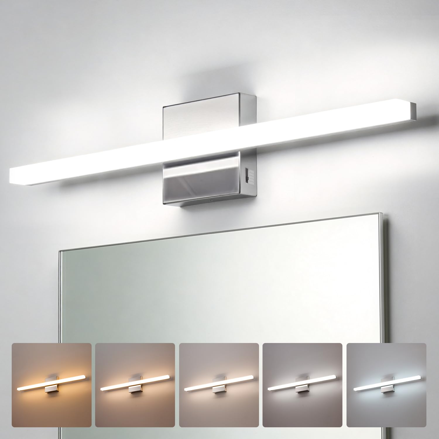 Combuh 24 Inch Chrome Vanity Light Fixtures for Mirror Long Led Bars for Bathroom, Modern No Glare 5 Color Adjustable Easy Insta