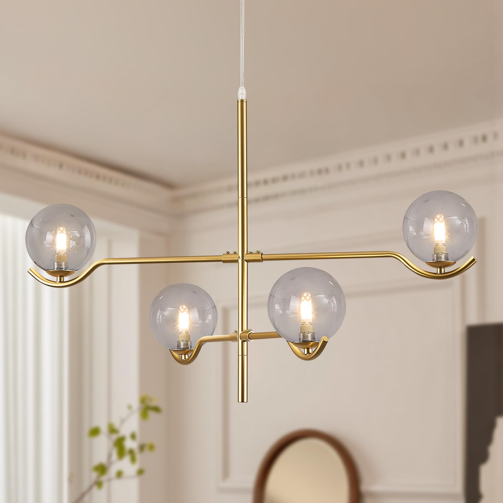 Catiner Gold Sputnik Chandelier, Large Modern 4 Lights L31 '' Mid Century Long Ceiling Pendant Light Fixture With Smoke Glass Gl