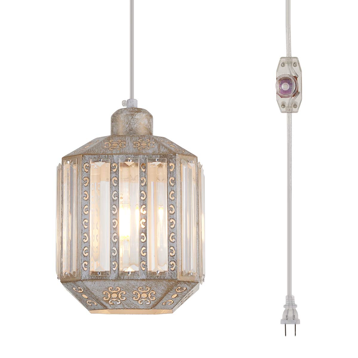 Ylong-Zs Hanging Lamps Crystal White Swag Lamp Rustic Pendant Light Plug In 16.4 Ft Cord Hanging Pendant Light Cage In-Line On/Off Dimmer Switch For Kitchen Island, Dining Room, Living Room,Corner