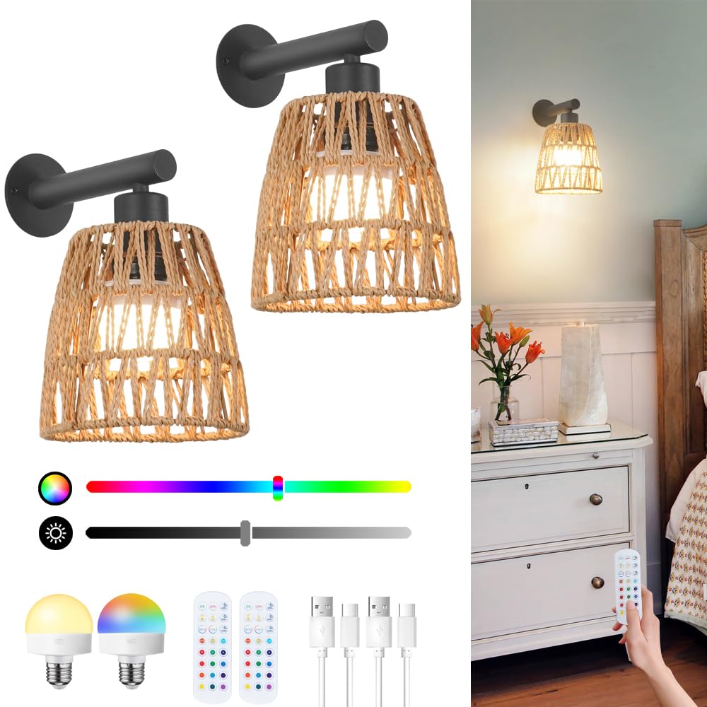 OIYIO Boho Rattan Wall Sconces Set of 2, Battery Operated, RGB Dimmable, 6.3in Wireless, Black, Model DX23067W1-B