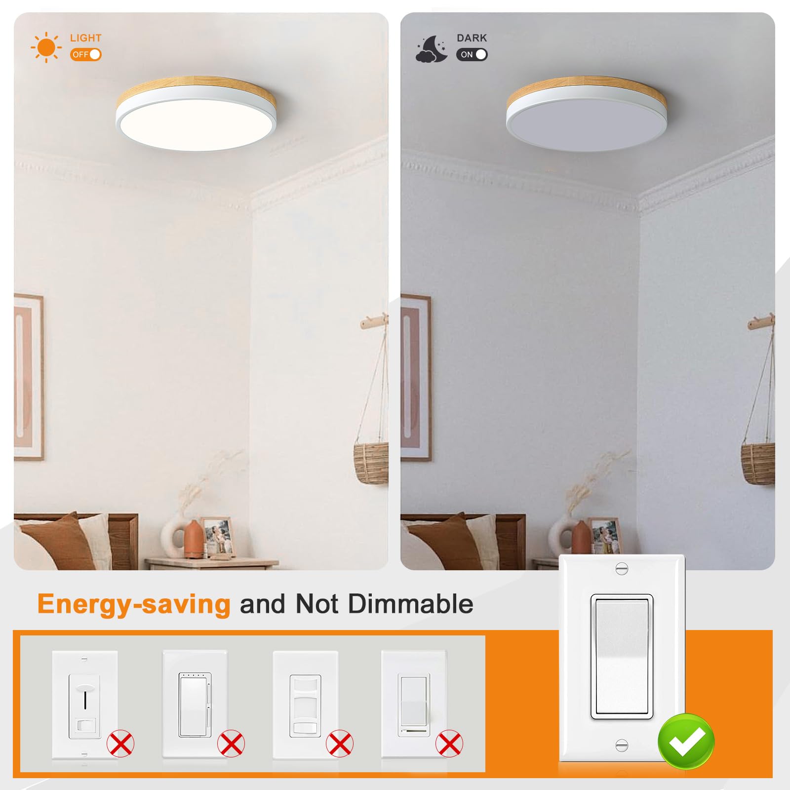 Zuyurt Wood Led Ceiling Light, Modern White Flush Mount Ceiling Light, Minimalist Close To Ceiling Light Fixture For Bedroom, Ha