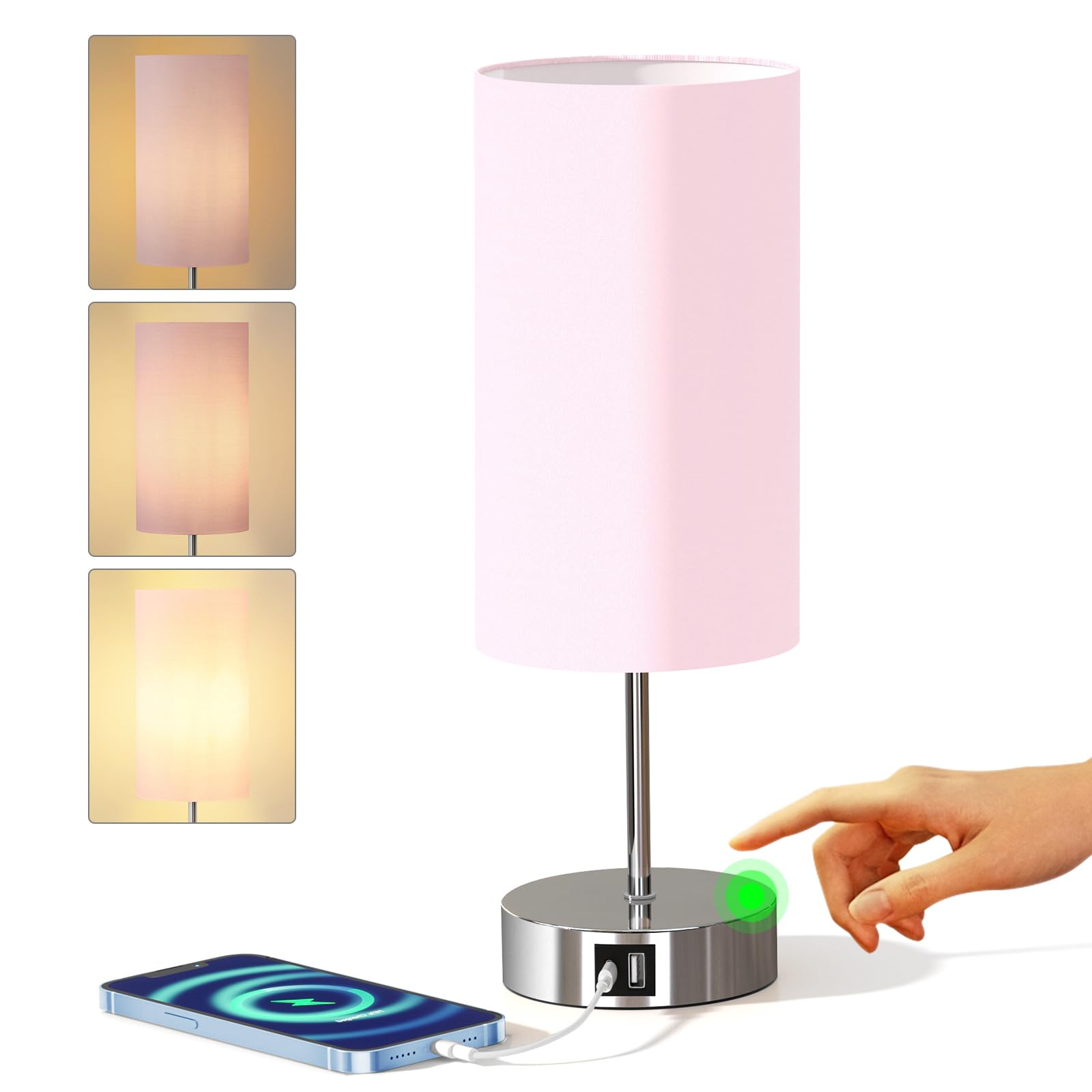 KPQ Bedside Lamp Touch Control Table Lamp with USB A+C Charging Ports & AC Outlet 3-Way Dimmable Nightstand Lamp with Linen Fabr