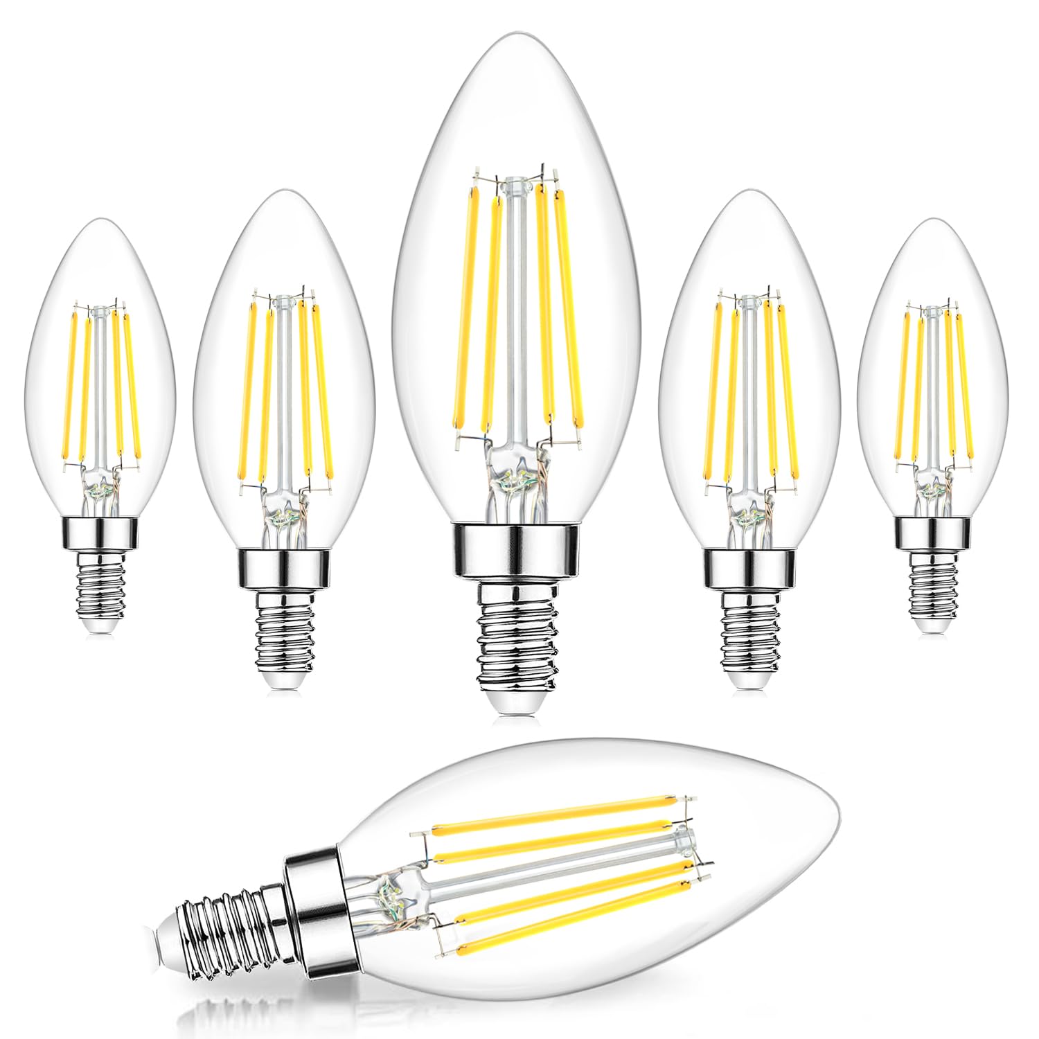 Dimmable E12 Led Candelabra Bulbs 60W Equivalent, 5000K Daylight White, 600 Lumens B11 Candle Base 6W C35 Led Filament Vintage L