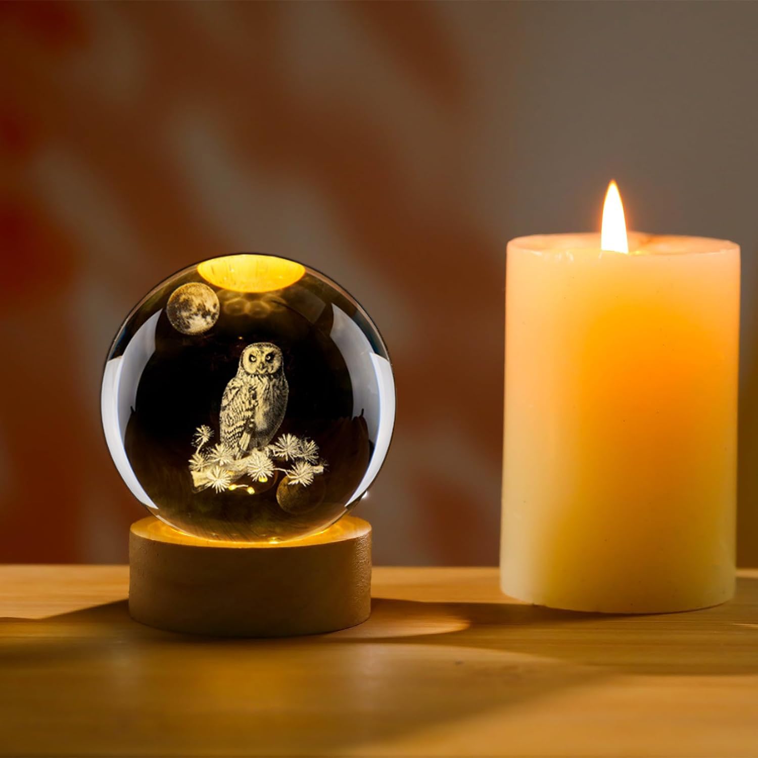 Qianchang 3D Owl Crystal Ball Night Light With Led Stand,Crystal Owl Figurine Lamp,Laser Etched Engraved Glass Paperweight,Owl D