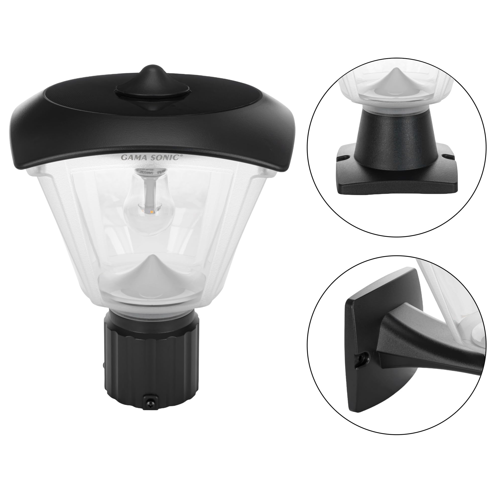 Gama Sonic Haven Lamp Outdoor Solar Light, Mounts on Pole, Pier, or Wall; Resin, Advanced Solar Panels 205B50033 (Black)