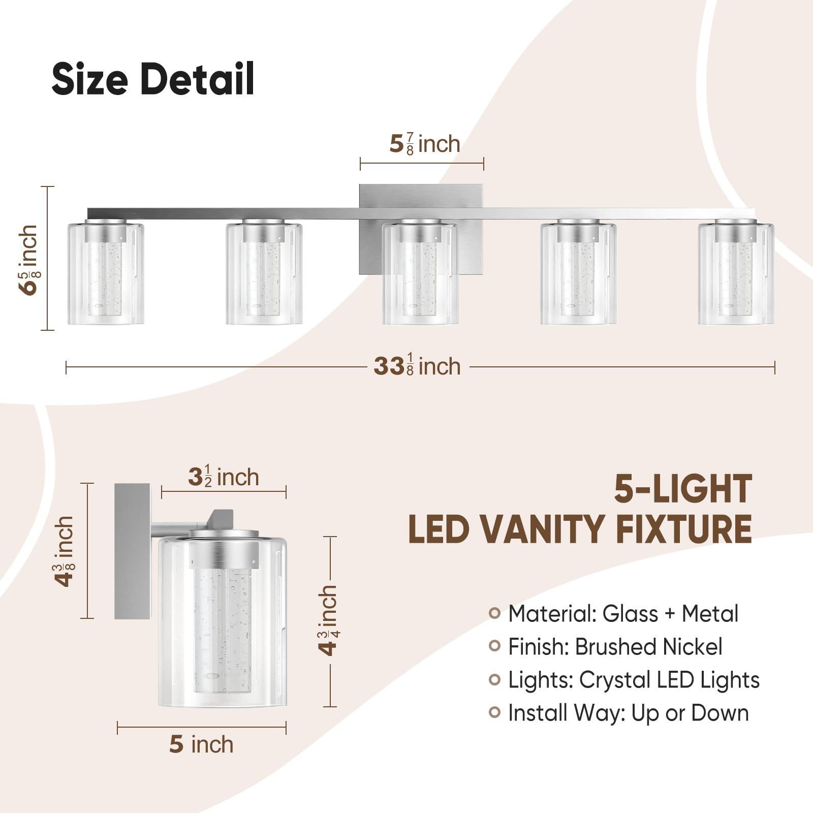 Led Modern Bathroom Light Fixtures Over Mirror, 5-Light Brushed Nickel Vanity Lights With 5 Color Modes, Dimmable Bathroom Vanit
